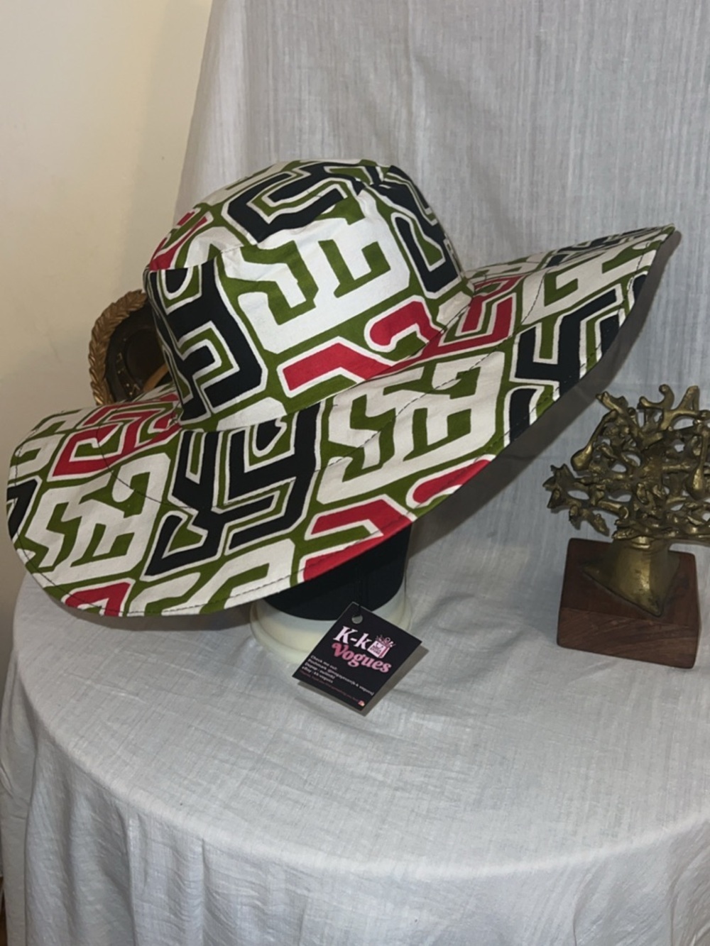 African Print Bucket Hat Wax Style Colorful by K-K Vogues - Olive, Black & Red - Picture 4 of 8